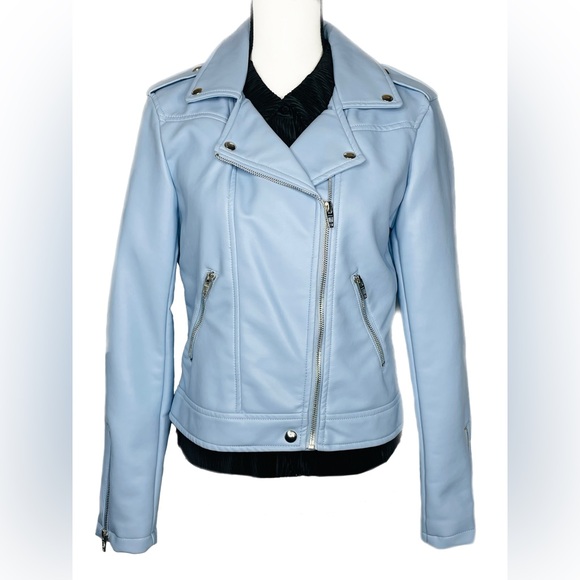 $98 NWT Blank NYC Good Vibes Blue Vegan Leather Moto Jacket Size S - Picture 5 of 10